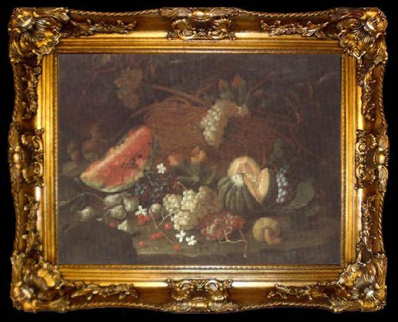 framed  unknow artist Still life of a watermelon,red and white grapes,figs,cherries,mushrooms,a melon,and a basket with vine-leaves,upon a ledge, ta009-2